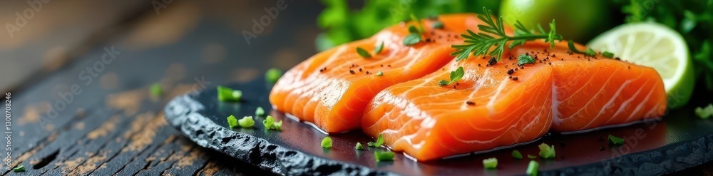 Frozen salmon fillets, dill, lime, slate platter, image, yellow Frozen salmon fillets, dill, lime, slate platter, image, yellow