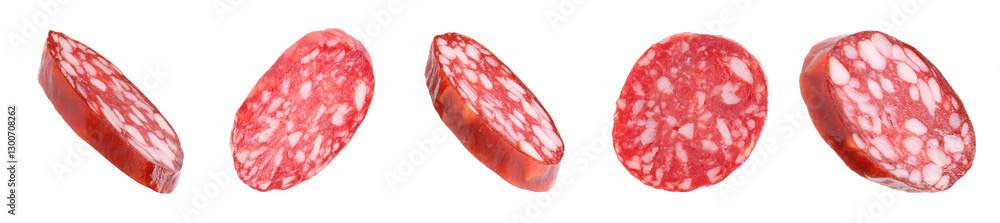 Slices of smoked sausages isolated on white, set Slices of smoked sausages isolated on white, set