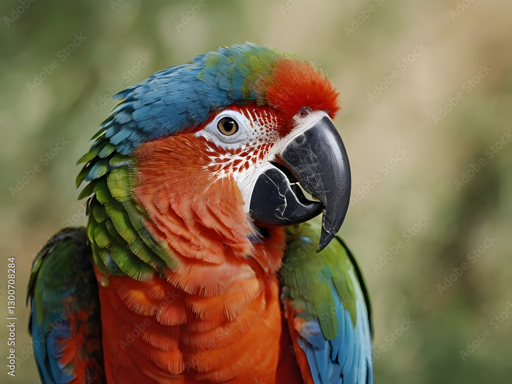 Naklejka premium Scarlet Macaw Portrait: A captivating portrait of a scarlet macaw, showcasing its vibrant plumage, keen gaze, and a slightly blurred background.