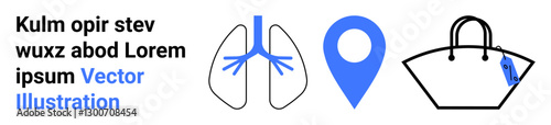 Lungs illustration, location pin, and handbag outline in minimal style. Ideal for healthcare, navigation, retail, shopping, lifestyle travel and logistics themes. Flat landing page banner