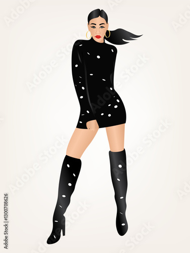 Illustration of fashionable diva girl on light gray background.