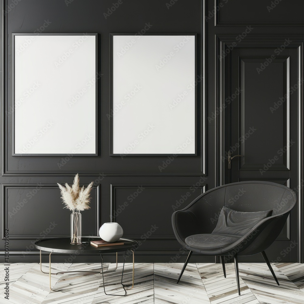 Fototapeta premium Black and white interior design with an armchair. coffee table. and two empty frames for mockup