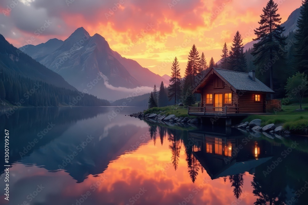 Fototapeta premium Sunrise paints cabin windows gold, reflecting on still lake , landscape, clouds