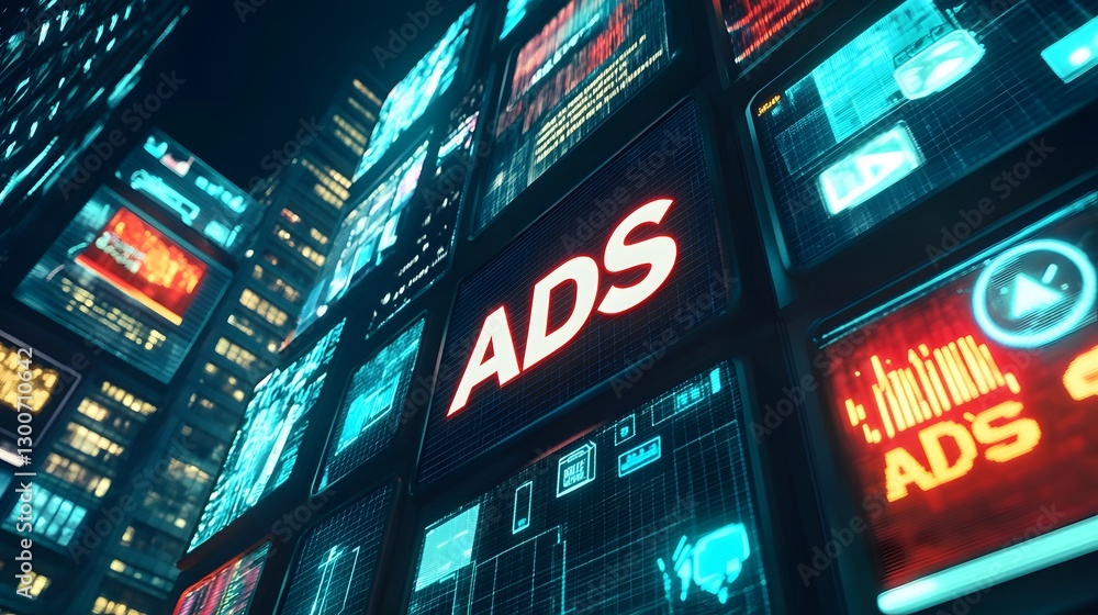 Fototapeta premium Futuristic Cityscape with Vibrant Digital Billboards and Advertising Displays