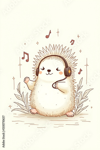 Hedgehog Listening Music Line Art