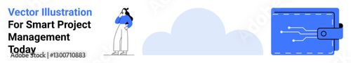 Female analyzing tasks, cloud storage symbol, and wallet interface. Ideal for tech solutions, business growth, financial planning, task organization, cloud computing, digital security flat landing
