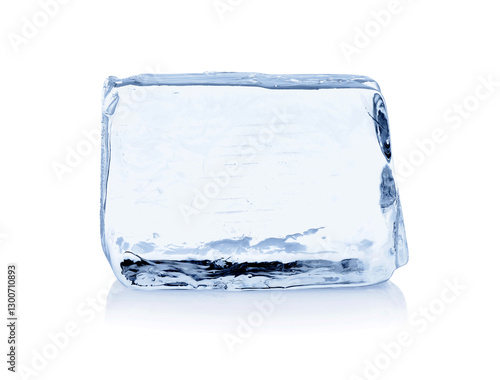 One cube of clear ice isolated on white