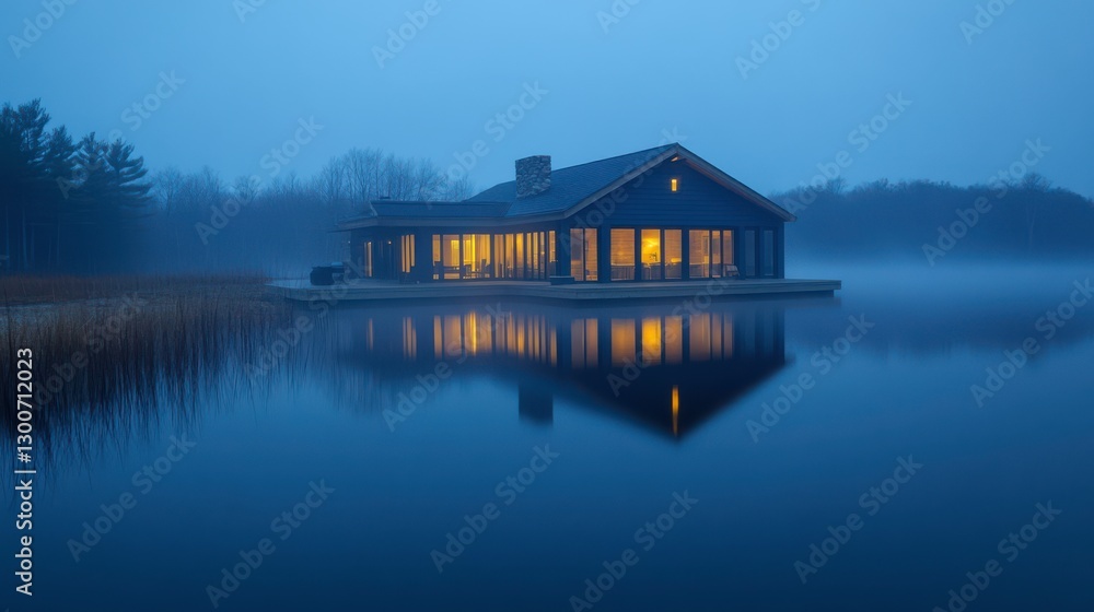 Fototapeta premium Tranquil Lake at Dusk with Charming Rustic Cabin