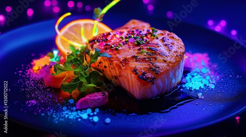 A glowing, neon-inspired raw swordfish steak plated under UV lighting, with vibrant edible garnishes that react to blacklight, creating a sci-fi culinary effect