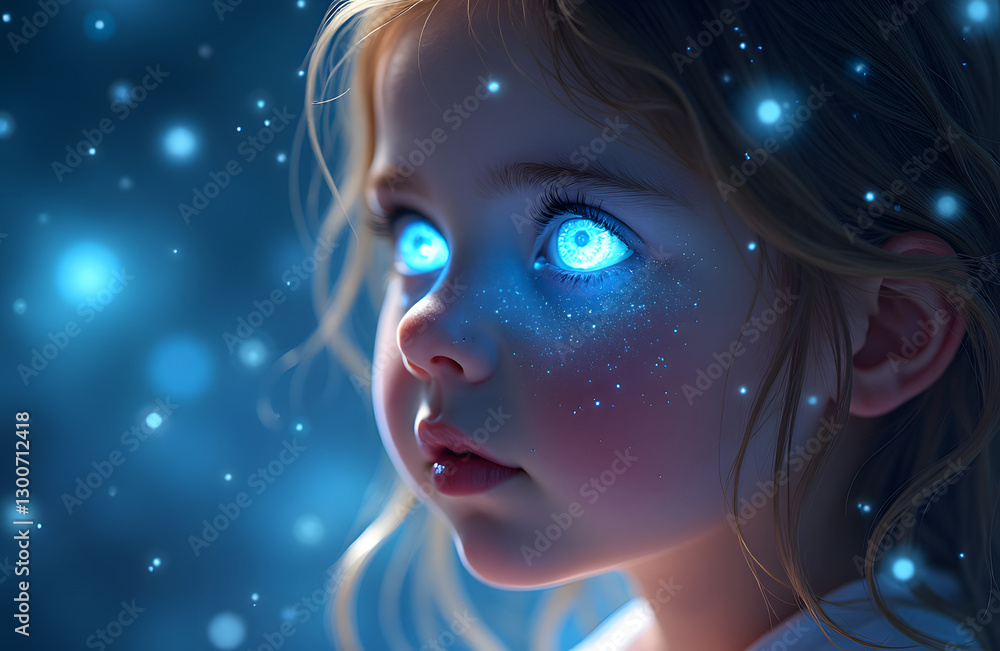 A young dreamer in a cosmic carnival glowing stars reflecting in her blue eyes A young dreamer in a cosmic carnival glowing stars reflecting in her blue eyes