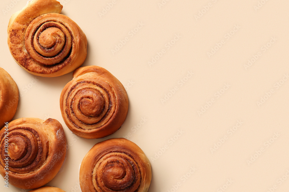 Fototapeta premium Sweet cinnamon rolls on beige background