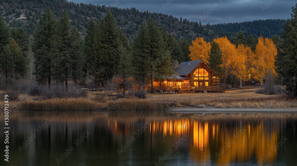 Fototapeta premium Tranquil Lake at Dusk with Charming Rustic Cabins