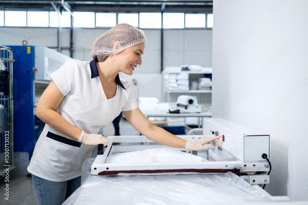 Fototapeta premium Professional dry cleaning worker packing clean folded laundry for customer.