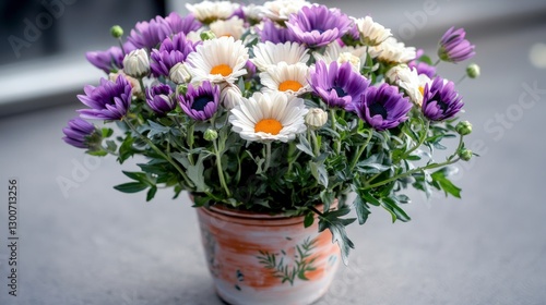 Wallpaper Mural Vibrant Purple   White Flowers in Terracotta Pot  Spring Blooms  Home Decor Torontodigital.ca