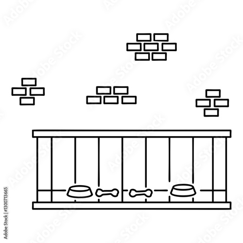 Empty Dog Cage with Food Tray and Bone outline concept, Doggy Carrier Metal Box Shelter Interior vector icon design, Pet foster and hotel Symbol, kennel animals Sign, Human-animal interaction scene