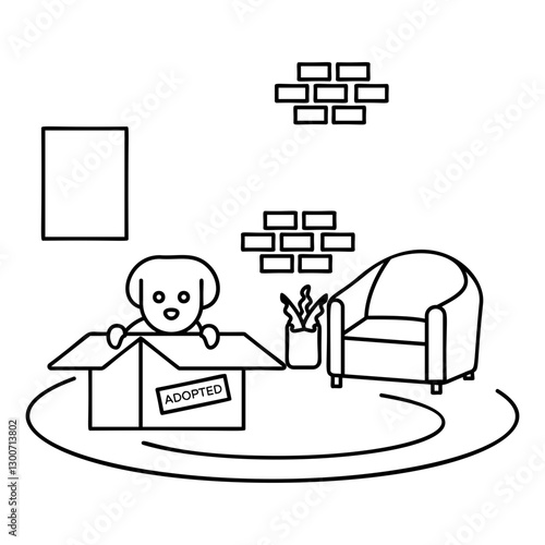 Newly Adopted Pet Doggy coming out of Box outline concept, Kitty exploring its new surroundings with wide-eyed wonder vector, Pet foster hotel Symbol kennel animal Sign, Human-animal interaction stock