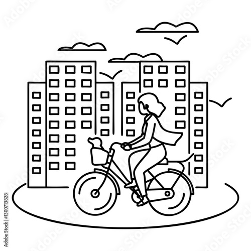 girl riding a bike with her dog in the basket outline concept, ownertrainer strolls his pet during ride vector icon design, Pet foster hotel Symbol, kennel animals Sign, Human-animal interaction scene