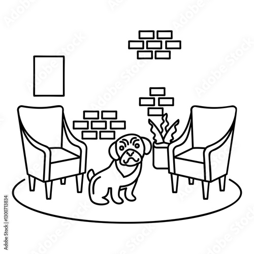 Bulldog Sitting between arm chair on Doggy Pad outline concept, Sanctuary Room for Your Newly Adopted puppy vector design, Pet foster and hotel Symbol, kennel animal Sign Human-animal interaction 