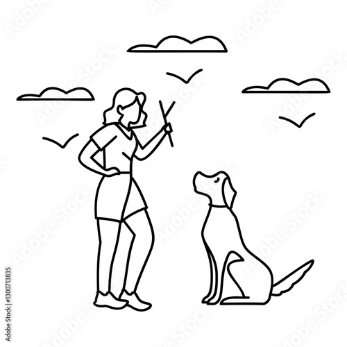 cycling with a dog in morning outline concept, Man Ride Bicycle Doggy Running side by side vector icon design, Pet foster and hotel Symbol, kennel animals Sign, Human-animal interaction scene 
