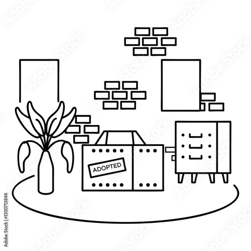 adopted pet box inside cozy room outline concept, Feline Retreat or Cat Sanctuary vector icon design, Pet foster and hotel Symbol, kennel animals Sign, Human-animal interaction scene illustration