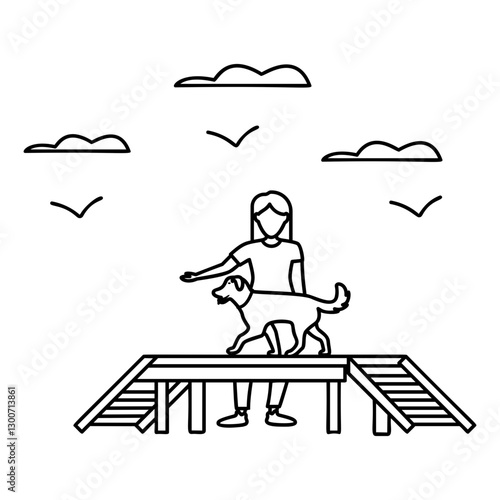 Puppy Getting Obedience sports Training outline concept, Dogs execute predefined tasks vector icon design, Pet foster and hotel Symbol, kennel animals Sign, Human-animal interaction scene illustration