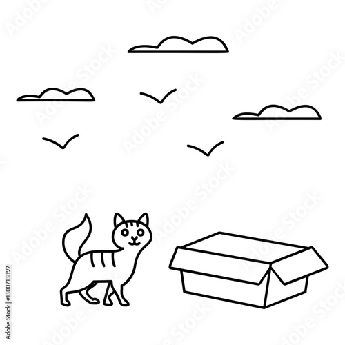 Kitty with Empty Feed box Waiting for food outline concept, Hungry cat wants to eat vector icon design, Pet foster and hotel Symbol, kennel animals Sign, Human-animal interaction scene illustration