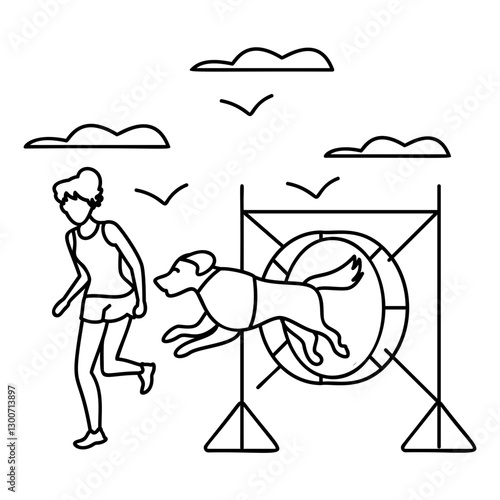 behavior counselors Giving Specialized training to Doggy outline concept,  dog sports vector icon design, Pet foster and hotel Symbol, kennel animals Sign, Human-animal interaction scene illustration