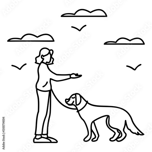 dog behaviourist Giving obedience training outline concept, Girl teaching sit, stay, come, down, and leave it vector design, Pet foster hotel Symbol, kennel animals Sign, Human-animal interaction 