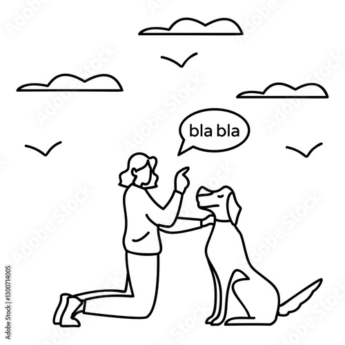 Female Trainer communicating and Engaging outline concept, Doggy recognizing human speech vector design, Pet foster and hotel Symbol, kennel animals Sign, Human-animal interaction scene illustration