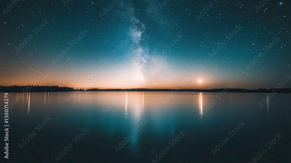 Tranquil Lake Under Starry Sky with Calm Waters Tranquil Lake Under Starry Sky with Calm Waters