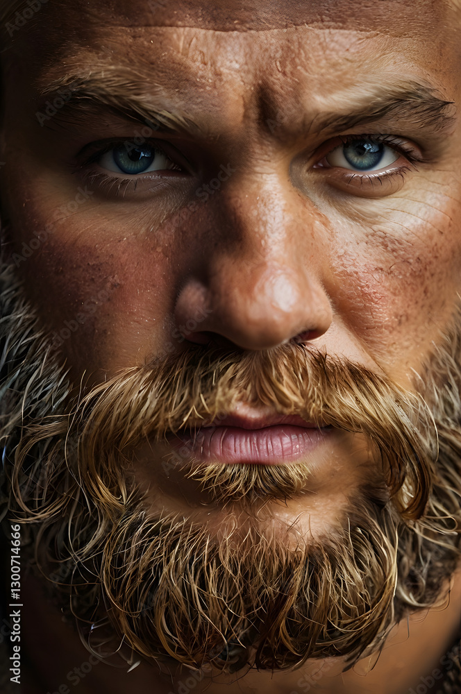 Viking Warrior: A close-up portrait of a fierce viking warrior with intense blue eyes, a rugged beard, and weathered skin, embodying strength and resilience Viking Warrior: A close-up portrait of a fierce viking warrior with intense blue eyes, a rugged beard, and weathered skin, embodying strength and resilience