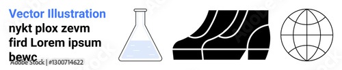 Chemistry flask filled with liquid, athletic shoe elements, and globe outline. Ideal for science, travel, sports, global innovation, connectivity education and modern technology. Flat landing page