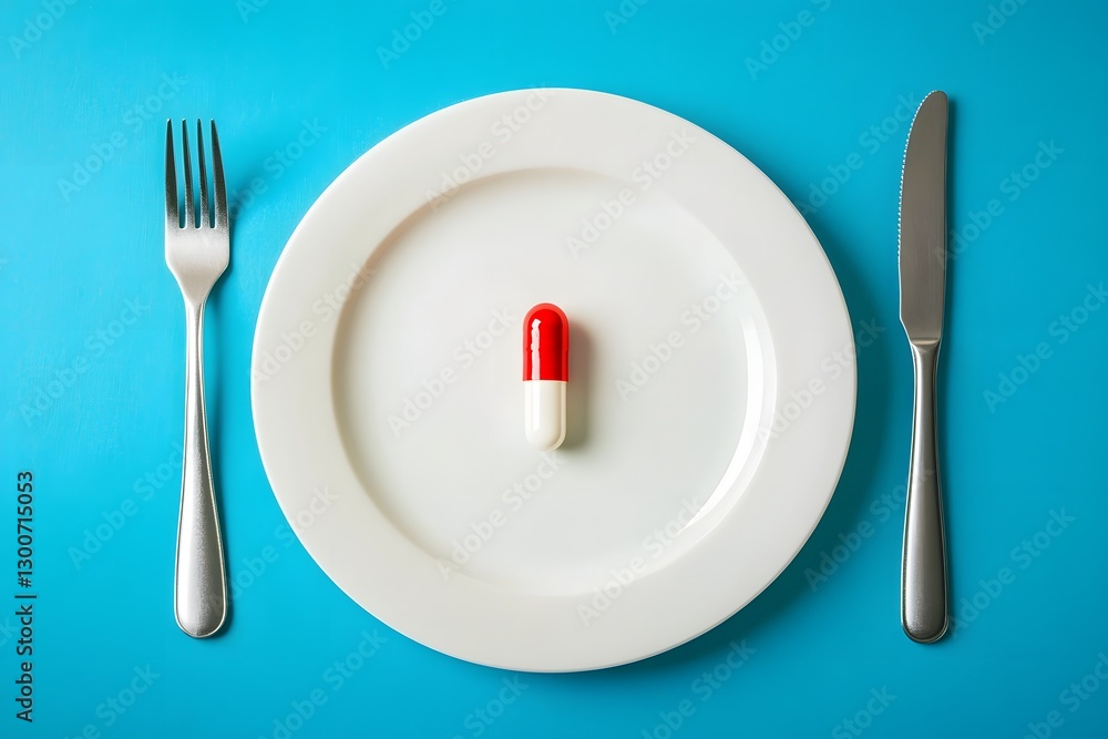 Minimalist Plate with Solitary Capsule Pill Symbolizes Modern Healthcare Reliance Minimalist Plate with Solitary Capsule Pill Symbolizes Modern Healthcare Reliance