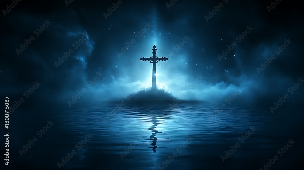 Naklejka premium Silhouetted Cross Stands in Nighttime Water