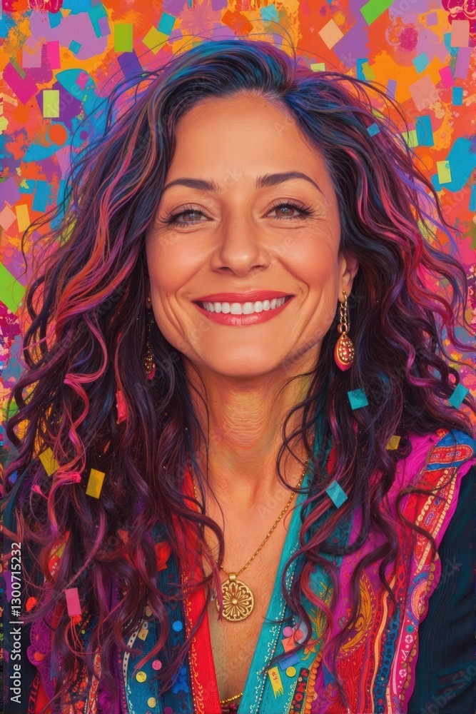 Portrait of a smiling mid-age woman with vibrant, curly hair and colorful clothing. Ideal for fashion, beauty, or celebration themes. Portrait of a smiling mid-age woman with vibrant, curly hair and colorful clothing. Ideal for fashion, beauty, or celebration themes.