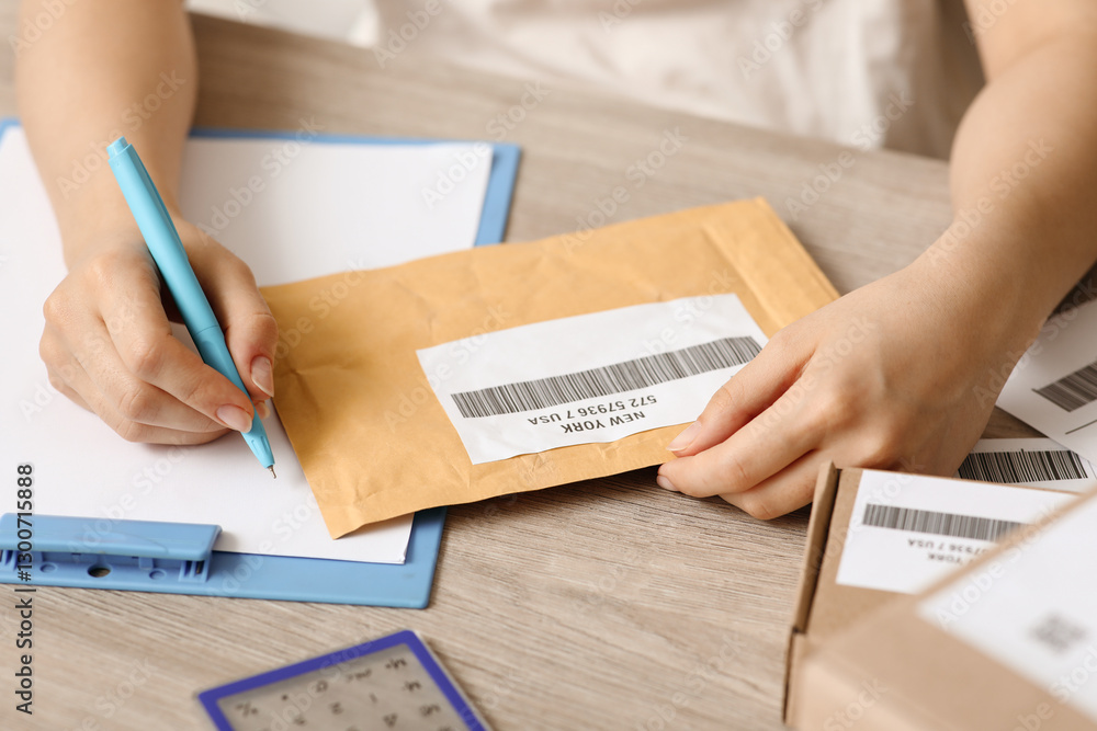 Female postal worker with parcel writing in clipboard on table, closeup Female postal worker with parcel writing in clipboard on table, closeup