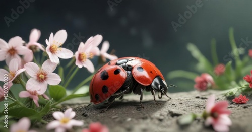 Ladybug and flower entwined gently, delicate petals surrounding tiny creature,  insect love,  insects