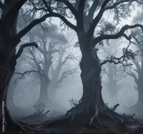 Moonlit fog wraps around ancient trees in a mystical veil,  tree,  moonlight