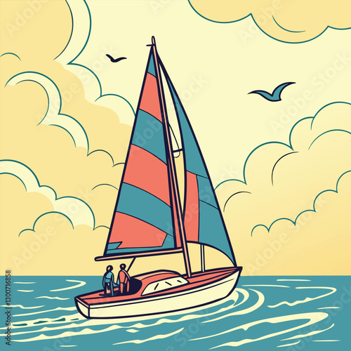 Colorful Sailboat with Two People Sailing on the Ocean – Scenic Maritime Illustration