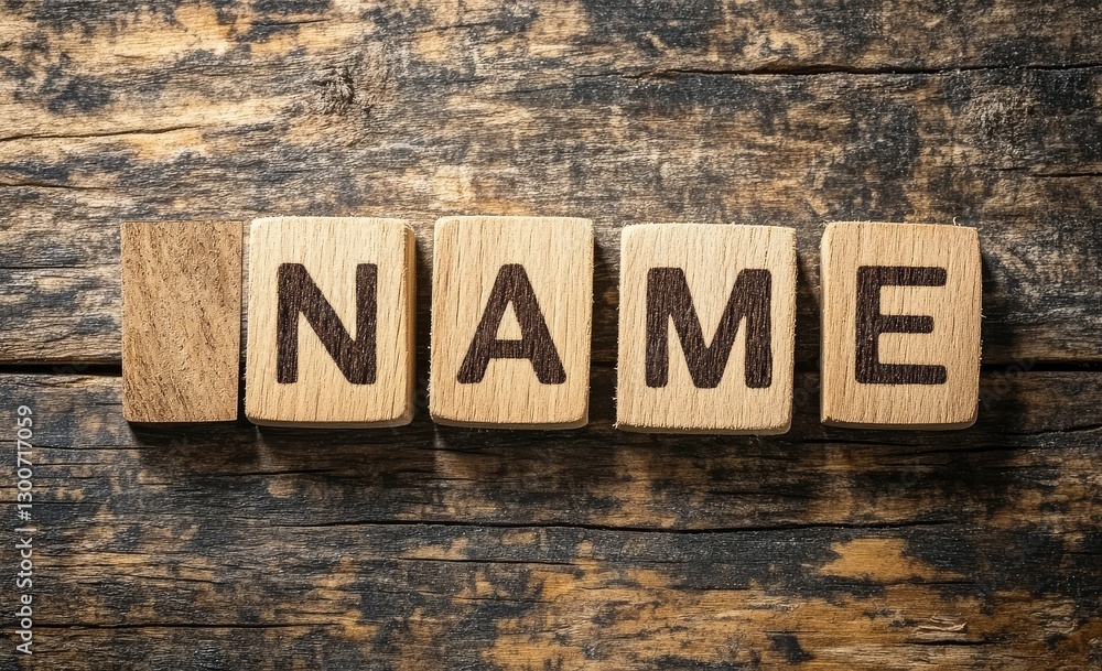 Fototapeta premium An artistic representation of the word name on a rustic wooden block.
