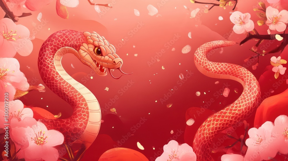 Obraz premium Crimson Serpent Among Cherry Blossoms: A Digital Painting of a Red Snake Coiled Amidst Delicate Pink Flowers, Evoking Springtime and the Lunar New Year