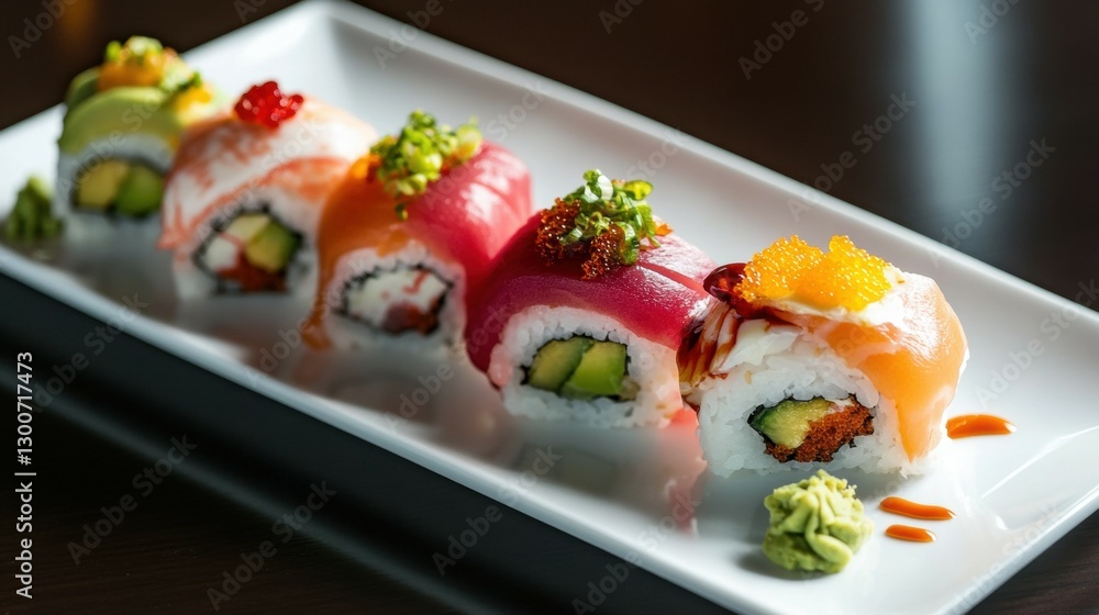 premium sushi roll platters--the Yuzu Citrus Roll, an Avocado Roll, and a Tuna Roll, premium sushi roll platters--the Yuzu Citrus Roll, an Avocado Roll, and a Tuna Roll,