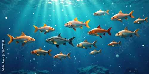 School of shimmering fish icons arranged in a wavy pattern on a calm ocean background , nautical, pattern