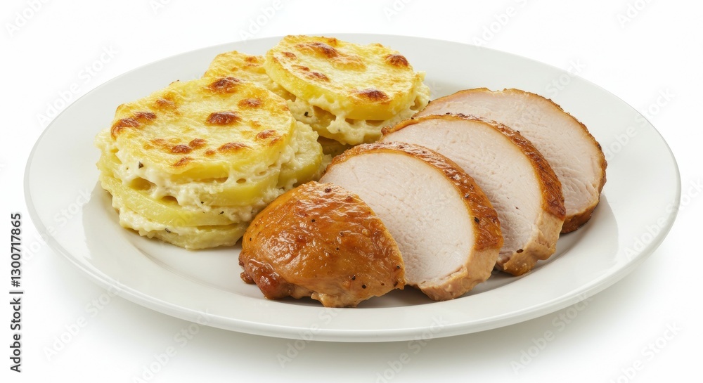 plate of turkey breast with gratin potato on white background plate of turkey breast with gratin potato on white background
