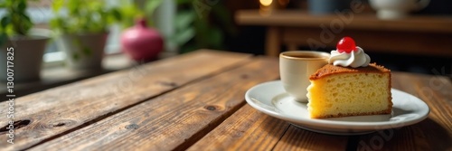 Wooden Table with Coffee Cup and Cake, coffee cup, breakfast, dining