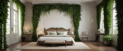 A beautifully decorated wedding suite with a lush greenery theme featuring leaf illustrations on walls and furniture,  eucalyptus, leafy decor