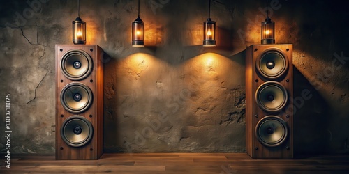 Old wooden music speakers on the wall in a dimly lit room with monochromatic walls and a warm light source, mellow ambiance , wall mounted speakers
