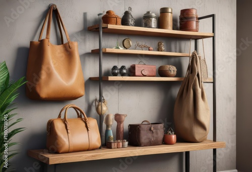 A beautifully styled shelf with indie fashion items such as handmade bags and unique jewelry displayed in a modern setting,  minimalist storage,  lifestyle decor