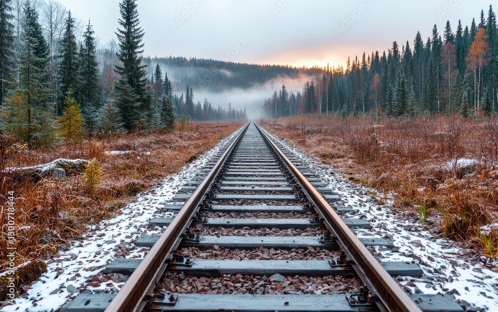 Fototapeta premium Autumn train tracks through misty forest at sunrise