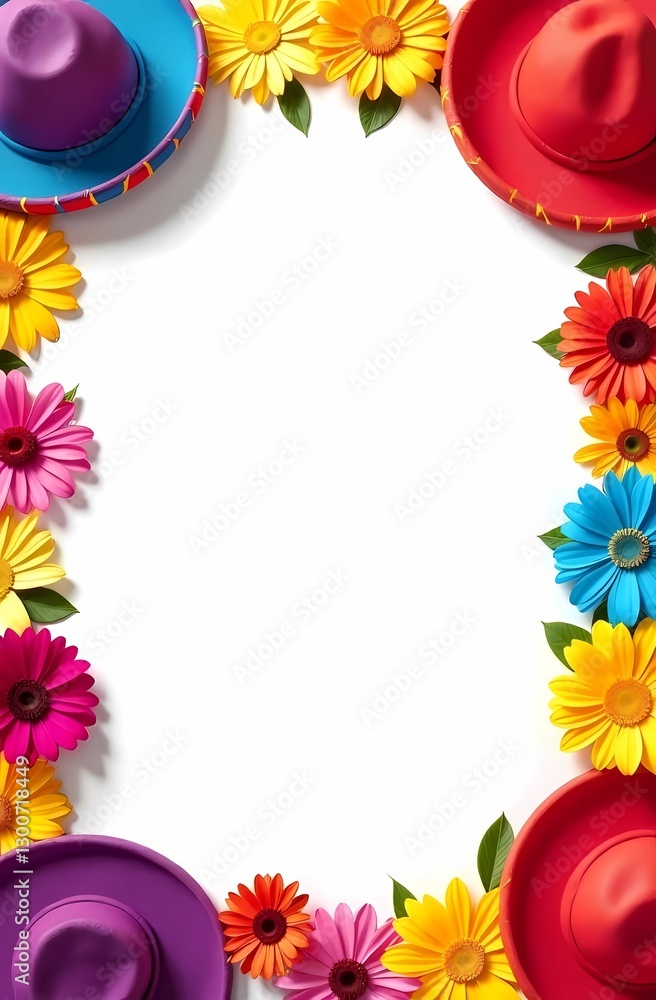 Obraz premium Mexican holiday Cinco de Mayo. National holiday of Mexico. Frame of flowers and sombrero